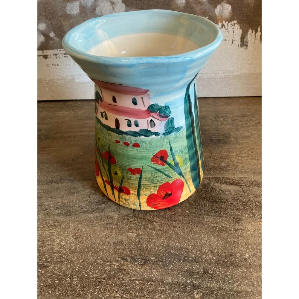 Handcrafted Tuscany Italy Ceramic Vase Hand Painted Villa Poppy Landscape 7.5in